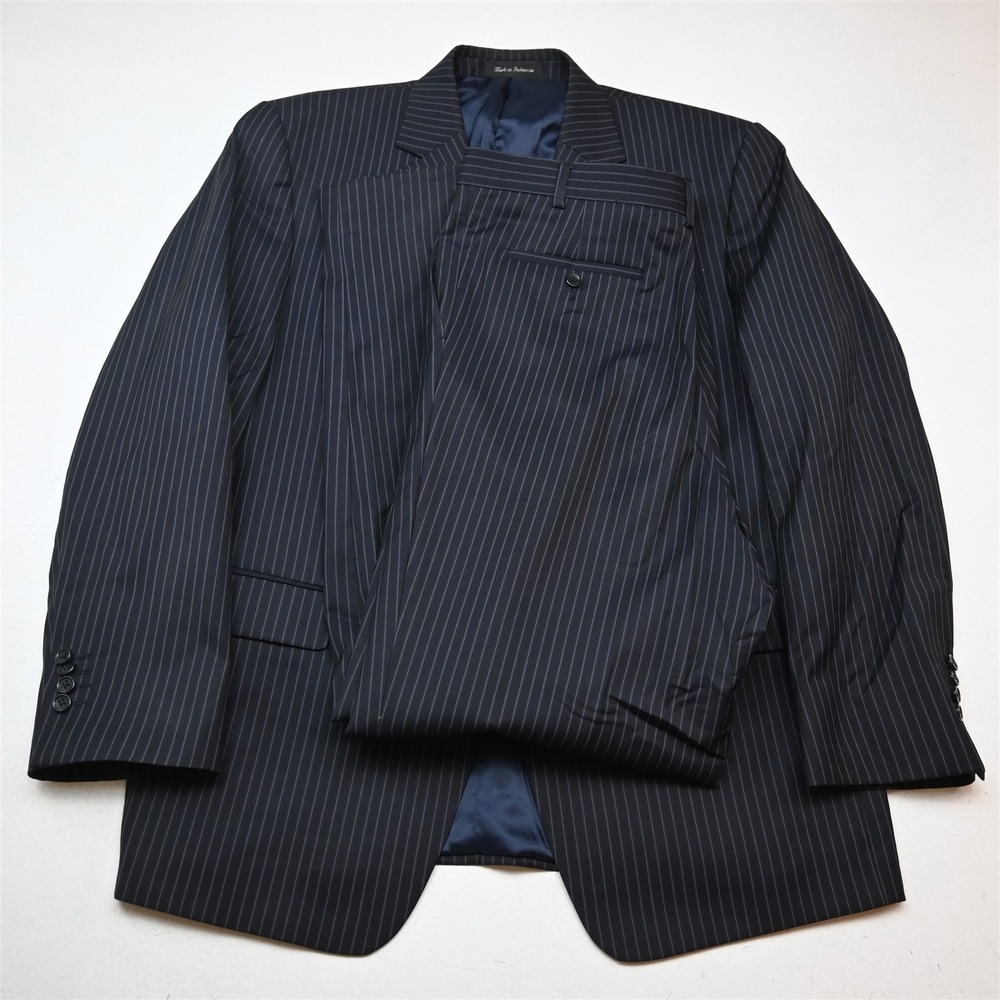 Joseph Abboud 44R 34x34 Navy Blue Striped 100% Wool Mens Jacket Pants Suit